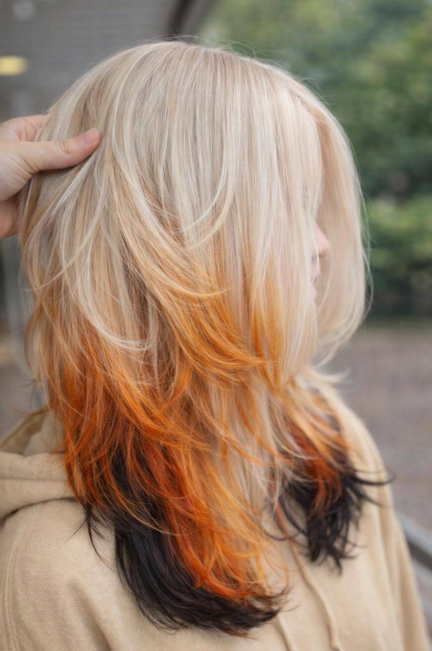 A person with layered hair dyed blonde on top, transitioning to orange and then to black at the ends, wearing a tan hoodie and standing outdoors.