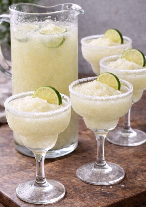 A pitcher and three margarita glasses filled with frozen margarita, each glass rimmed with salt and garnished with a lime slice, sit on a wooden surface.