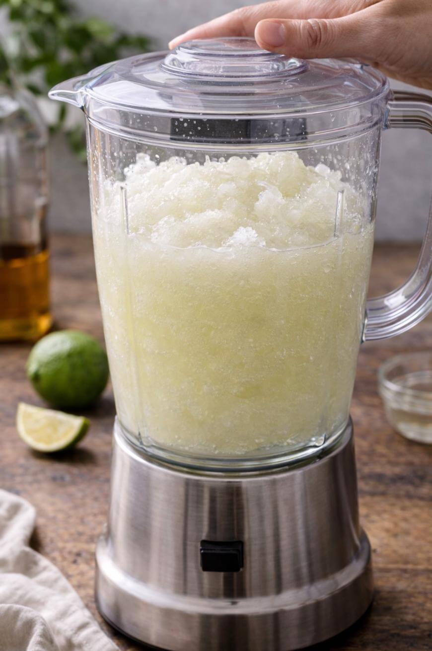 A hand holds the lid of a blender filled with a pale, icy slush mixture on a wooden counter. Nearby are a halved lime, a bottle, and a small bowl.