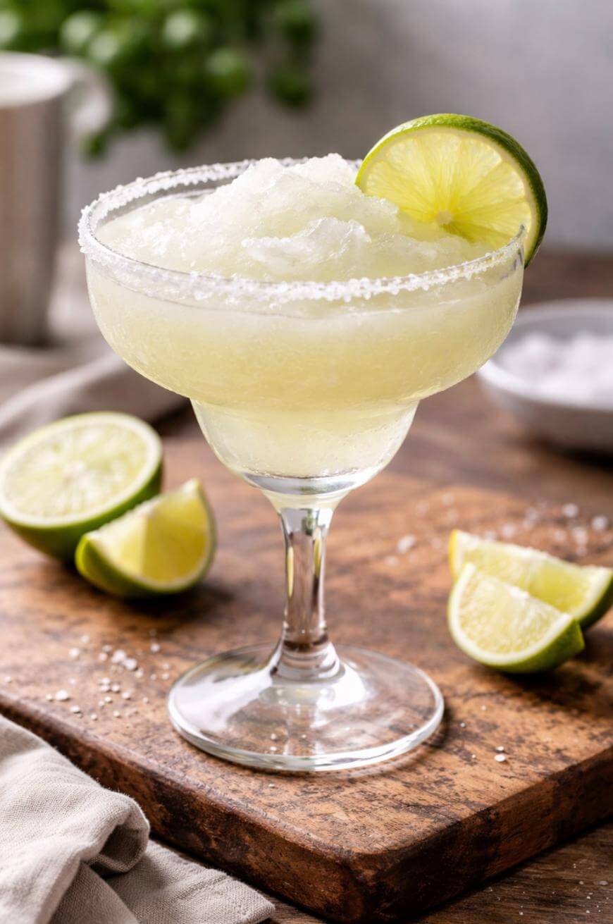 A frozen margarita in a salted-rim glass garnished with a lime wheel, sits on a wooden board with lime wedges and salt in the background.