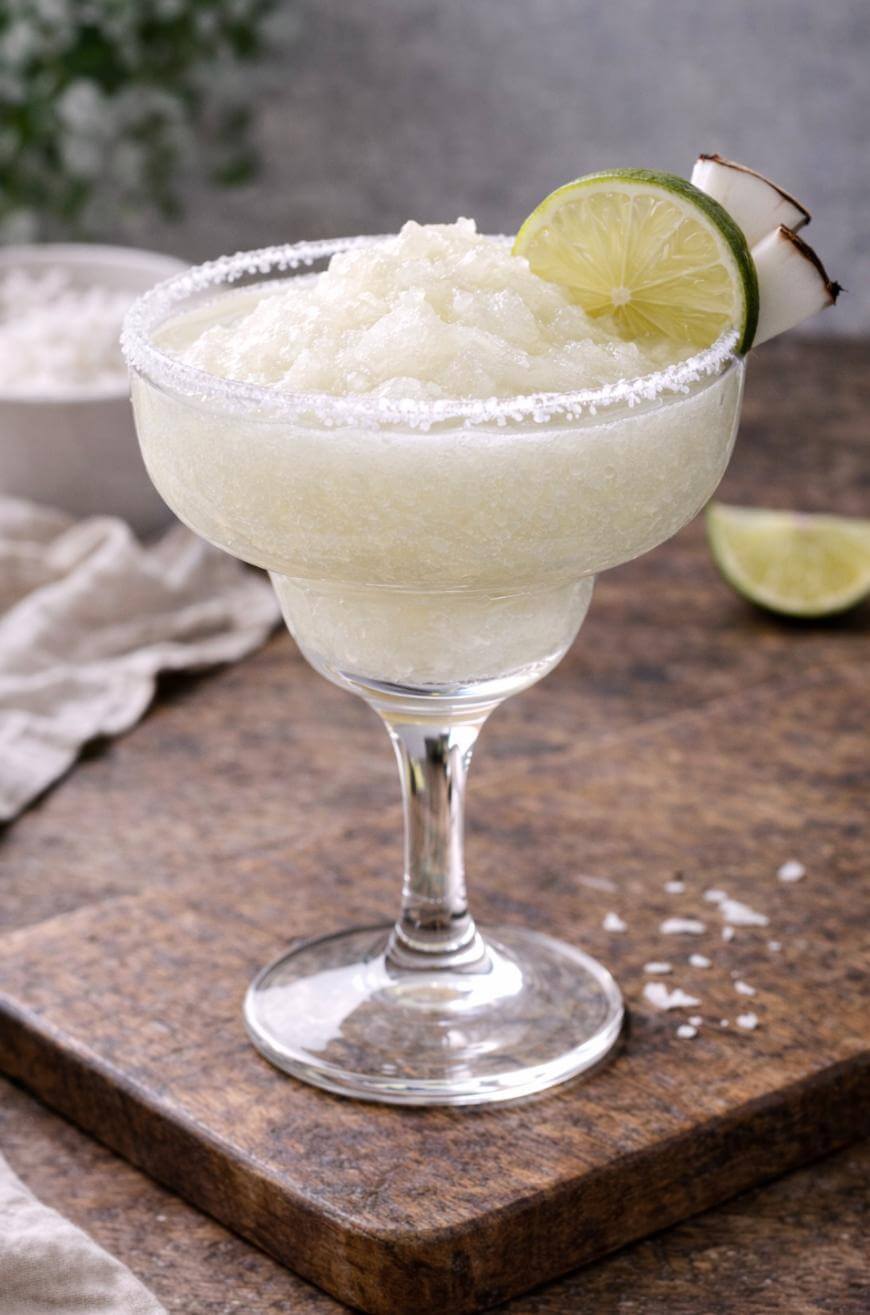 A frozen margarita in a salt-rimmed glass, garnished with a lime wheel and two pieces of coconut, sits on a wooden surface with a napkin and lime wedge in the background.