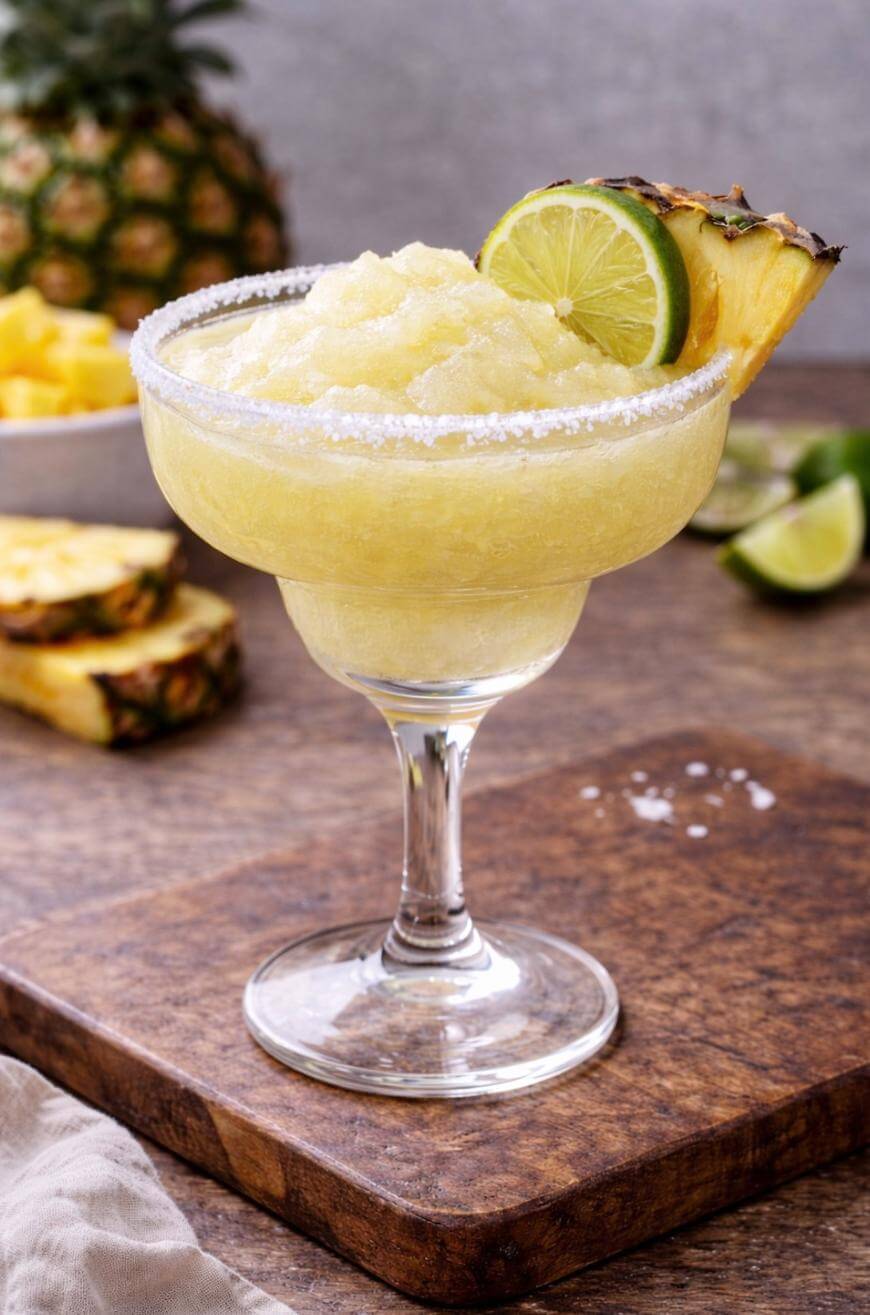 A frozen yellow cocktail in a salt-rimmed glass, garnished with a lime wheel and pineapple slice. Pineapple pieces and a whole pineapple are visible in the background on a wooden surface.