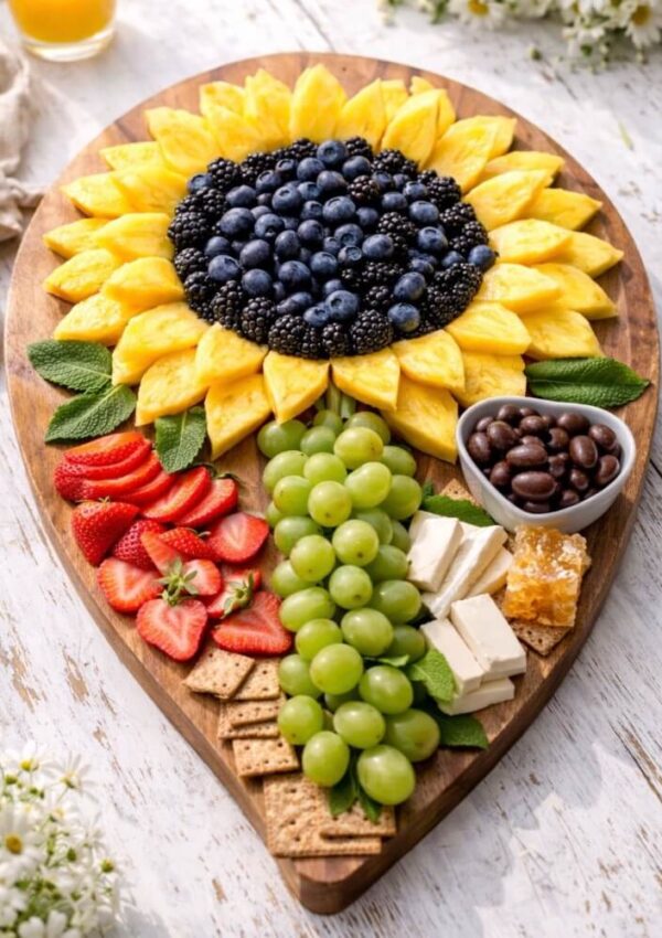 A charcuterie board arranged to look like a sunflower, with pineapple and blackberries forming the petals and center, grapes as the stem, and sections of strawberries, crackers, cheese, chocolate, and honeycomb.