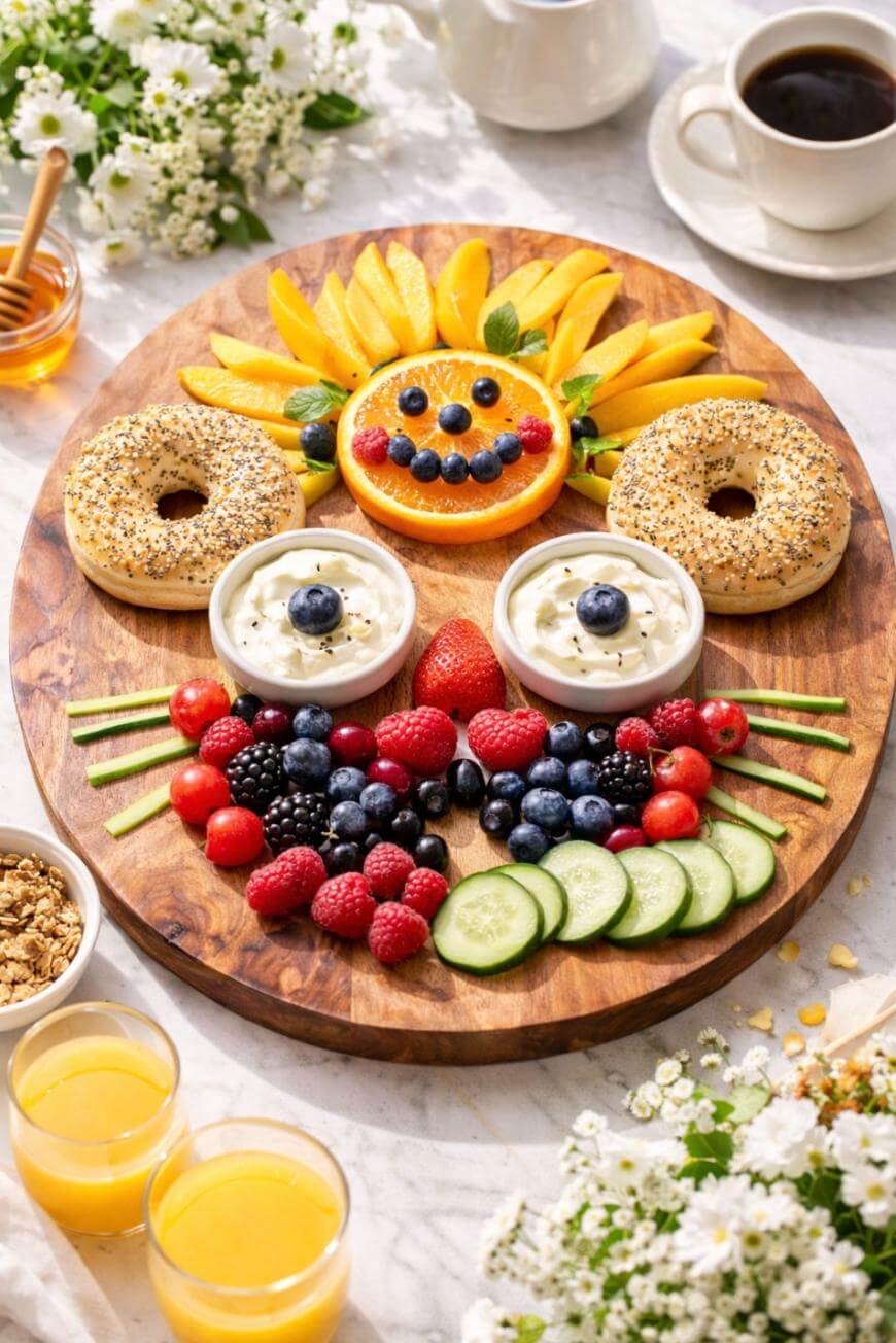 A round wooden board displays bagels, cream cheese, sliced fruit, berries, cucumber, tomatoes, and granola arranged in a colorful, smiling face design. Juice, coffee, and flowers are set around it on a white table.