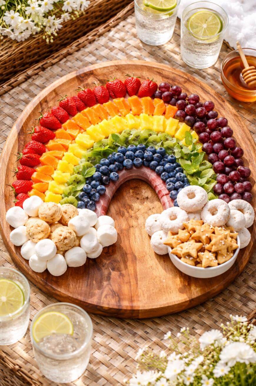 A wooden platter displays a rainbow made of strawberries, oranges, pineapple, kiwi, blueberries, and grapes, with marshmallows, cookies, donuts, and cereal forming clouds at the ends. Drinks and flowers are nearby.