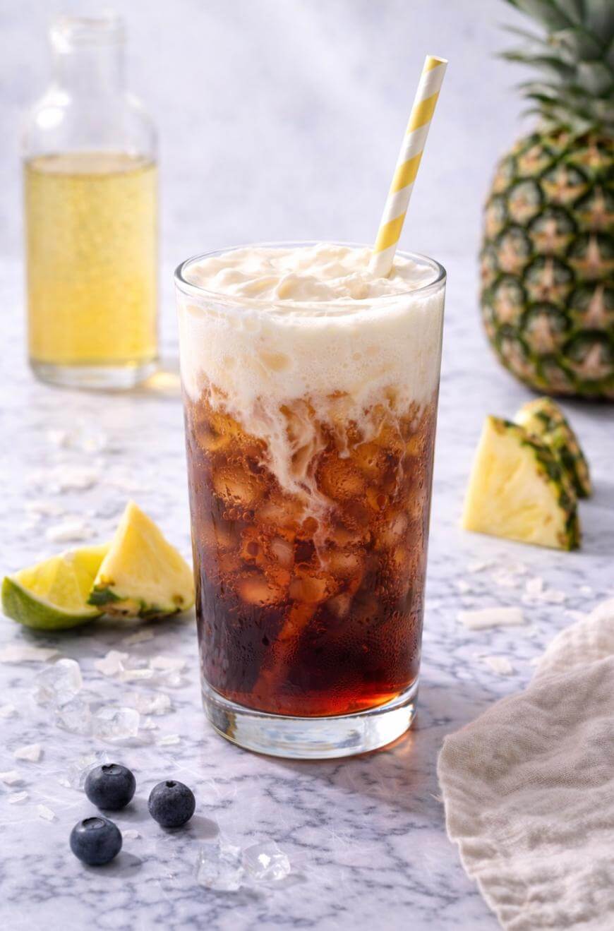 A glass of iced dark beverage with a creamy foam on top and a yellow-striped straw, surrounded by ice cubes, pineapple wedges, blueberries, a glass bottle of juice, and a pineapple in the background.