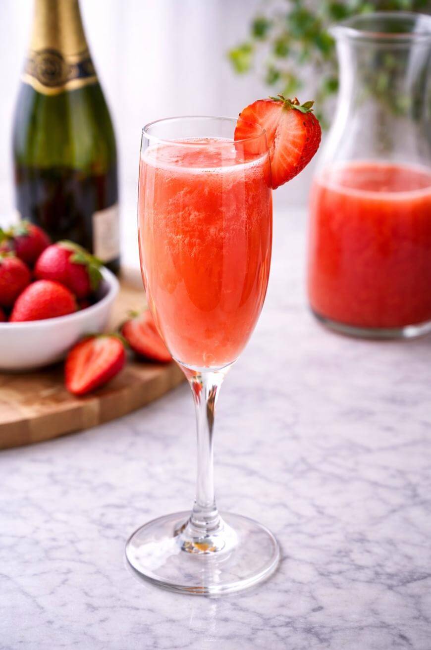 A champagne flute filled with a pink strawberry cocktail, garnished with a fresh strawberry slice. In the background, there’s a bottle of champagne, a carafe of strawberry drink, and a bowl of strawberries on a marble surface.