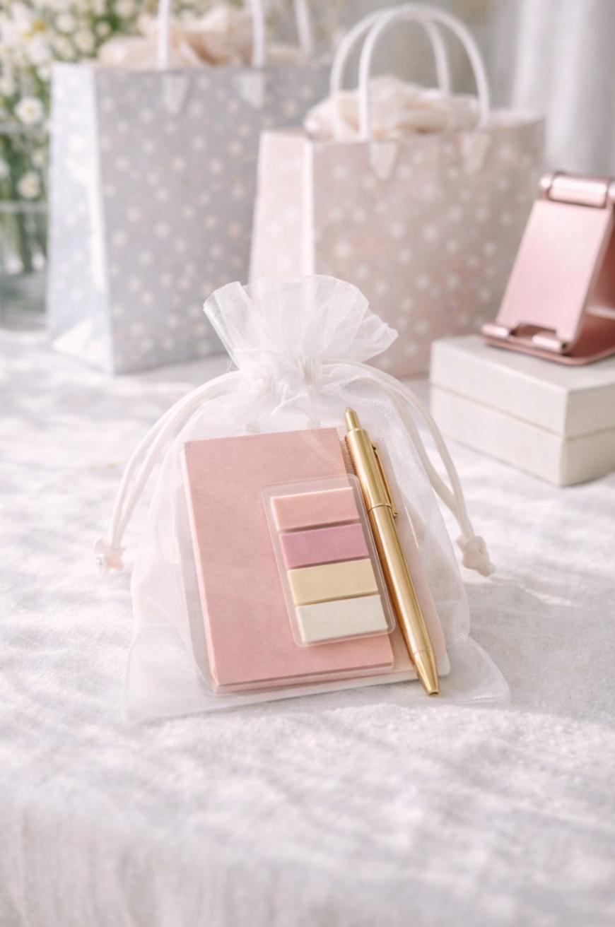 A small mesh gift bag contains a pink notebook, pastel sticky notes, and a gold pen. Softly lit, with blurred gift bags and a phone stand in the background, all in pastel tones.