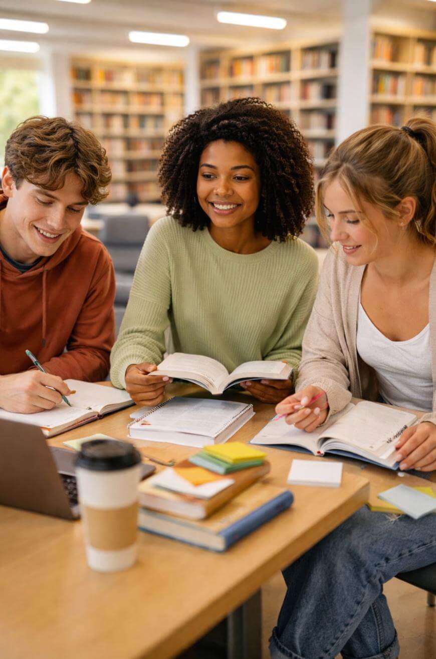 Three students sit at a table in a library, smiling and studying together with open books, notebooks, and a laptop. A coffee cup and stationery are on the table. Bookshelves are visible in the background.