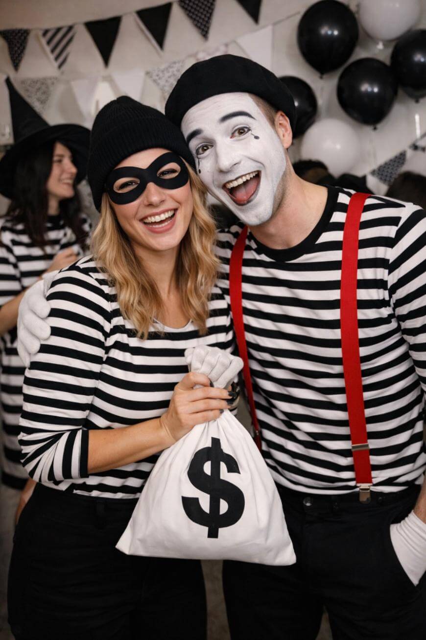 Two people in black-and-white striped shirts are dressed as a burglar and a mime; the burglar holds a bag with a dollar sign, while the mime has a painted white face and red suspenders. Both are smiling at a festive party.