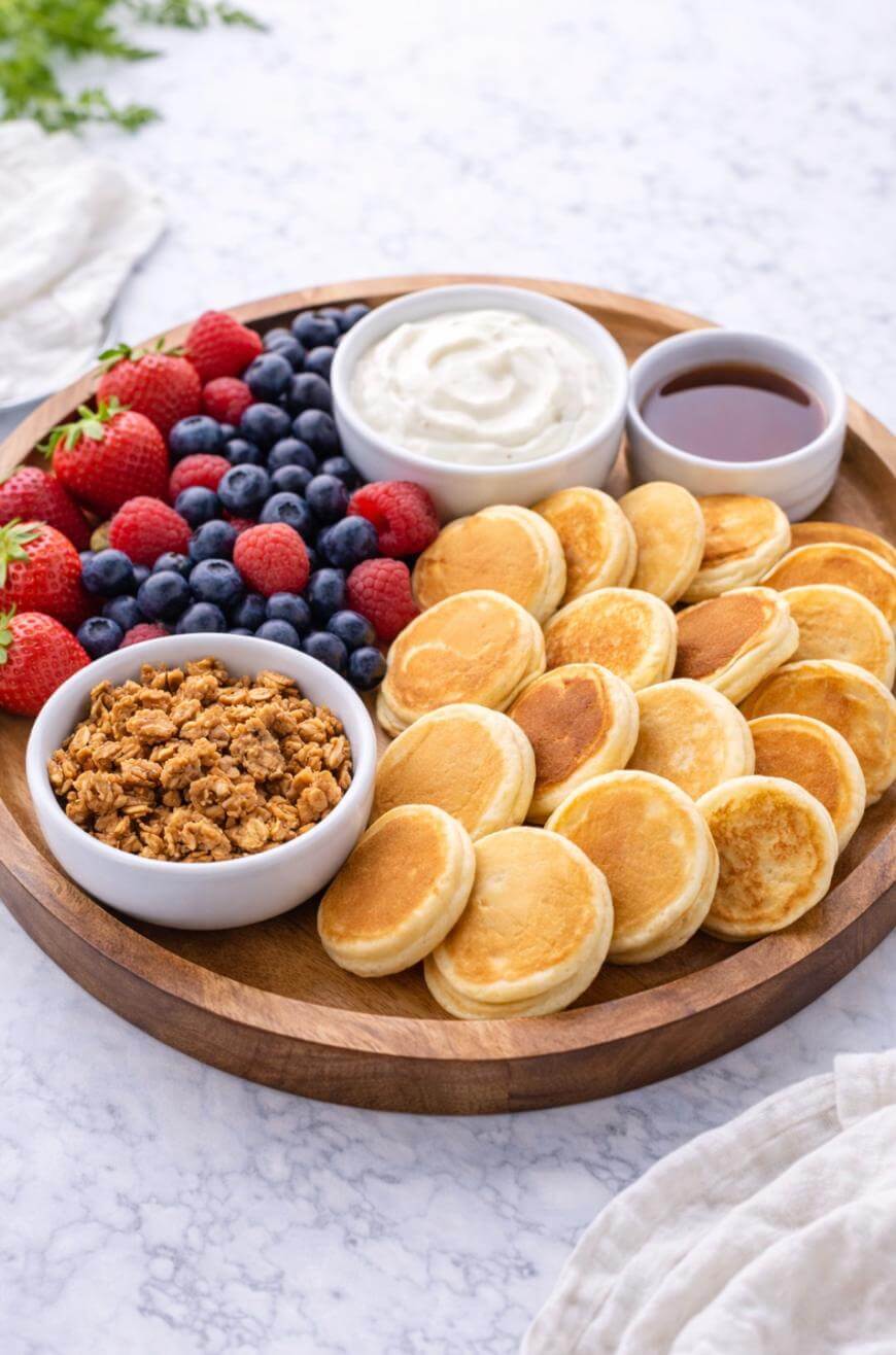 A round wooden tray with mini pancakes, strawberries, blueberries, granola, a bowl of whipped cream, and a bowl of syrup on a marble surface.