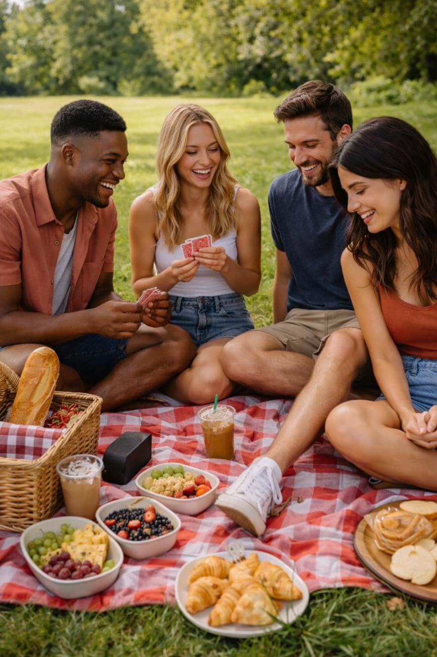 Four friends sit on a red-and-white picnic blanket outdoors, smiling and playing cards. Around them are a picnic basket, drinks, and various foods like croissants, fruit, and sandwiches. Trees and grass are in the background.