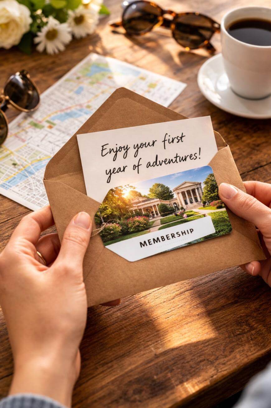 Hands holding an envelope with a membership card and a note reading “Enjoy your first year of adventures!” on a wooden table with a map, sunglasses, flowers, and a cup of coffee.