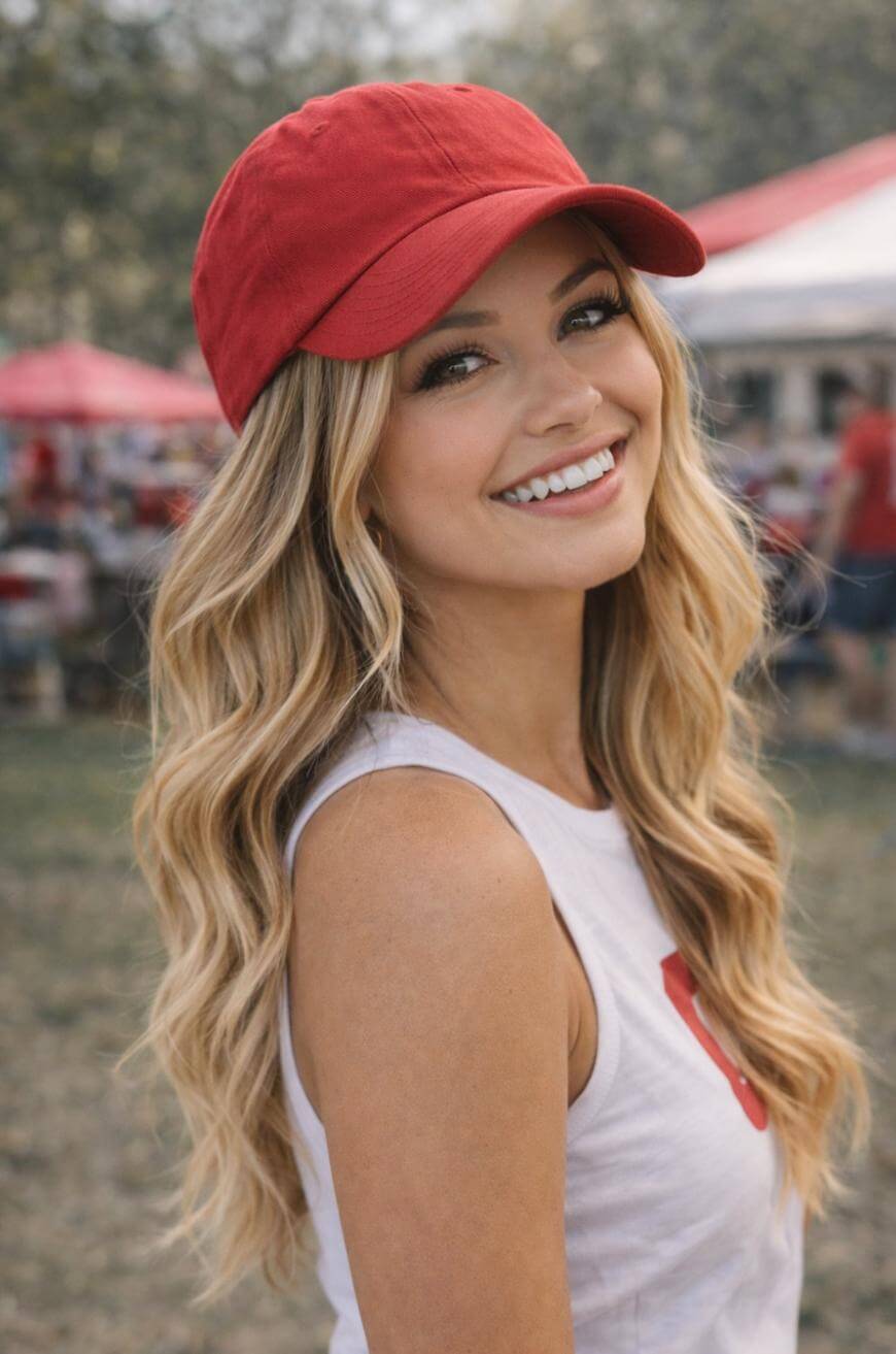 A smiling woman with long wavy blonde hair wearing a red baseball cap and a white sleeveless shirt stands outdoors, with blurred people and tents in the background.