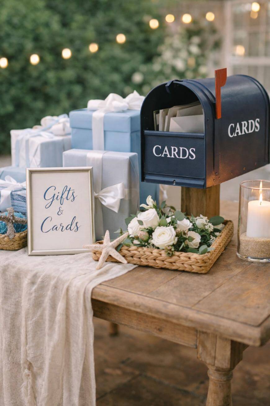 A rustic table with wrapped gifts, a navy mailbox labeled “CARDS” filled with envelopes, a framed “Gifts & Cards” sign, a floral arrangement, a candle, and string lights glowing in the background.