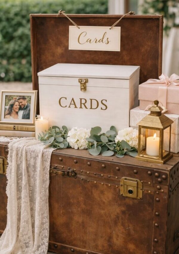 A rustic chest topped with a white card box labeled CARDS, a framed couples photo, pink gift boxes, a gold lantern with a lit candle, lace fabric, and white flowers with greenery.