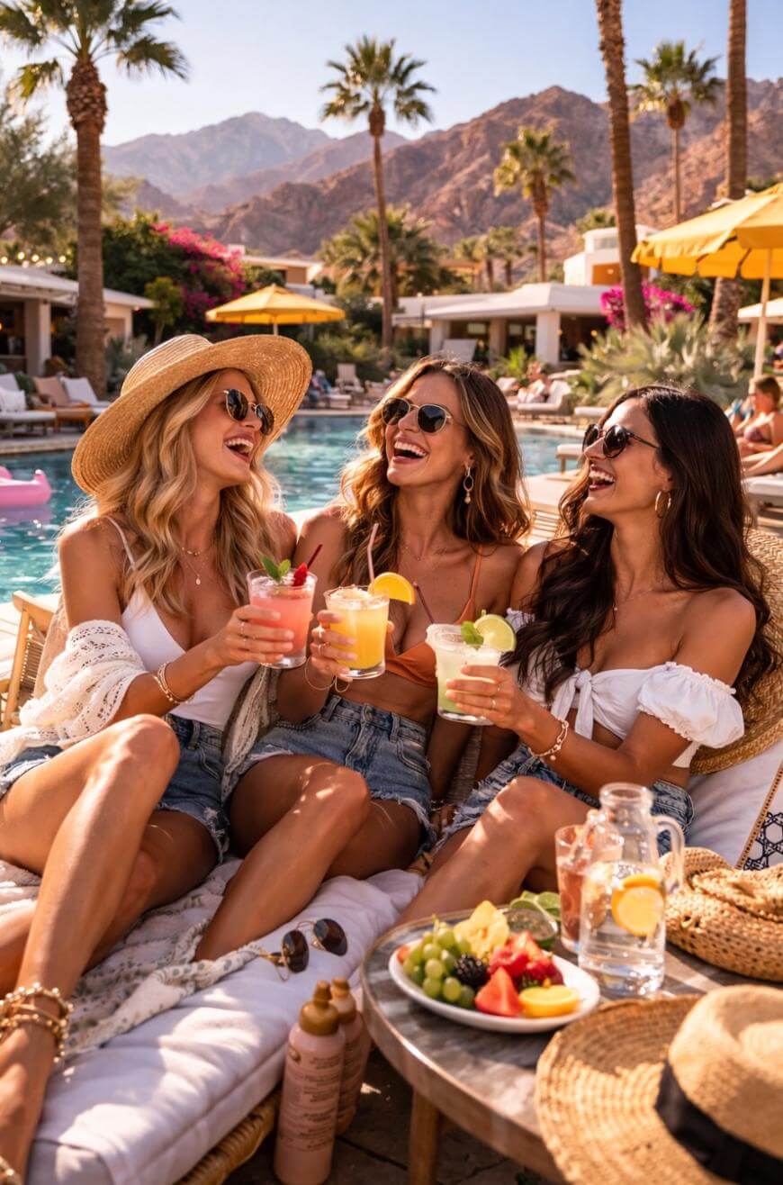 Three women in sunglasses and summer outfits laugh and toast with colorful drinks by a sunny poolside, surrounded by palm trees, mountains, and tropical snacks on a table.