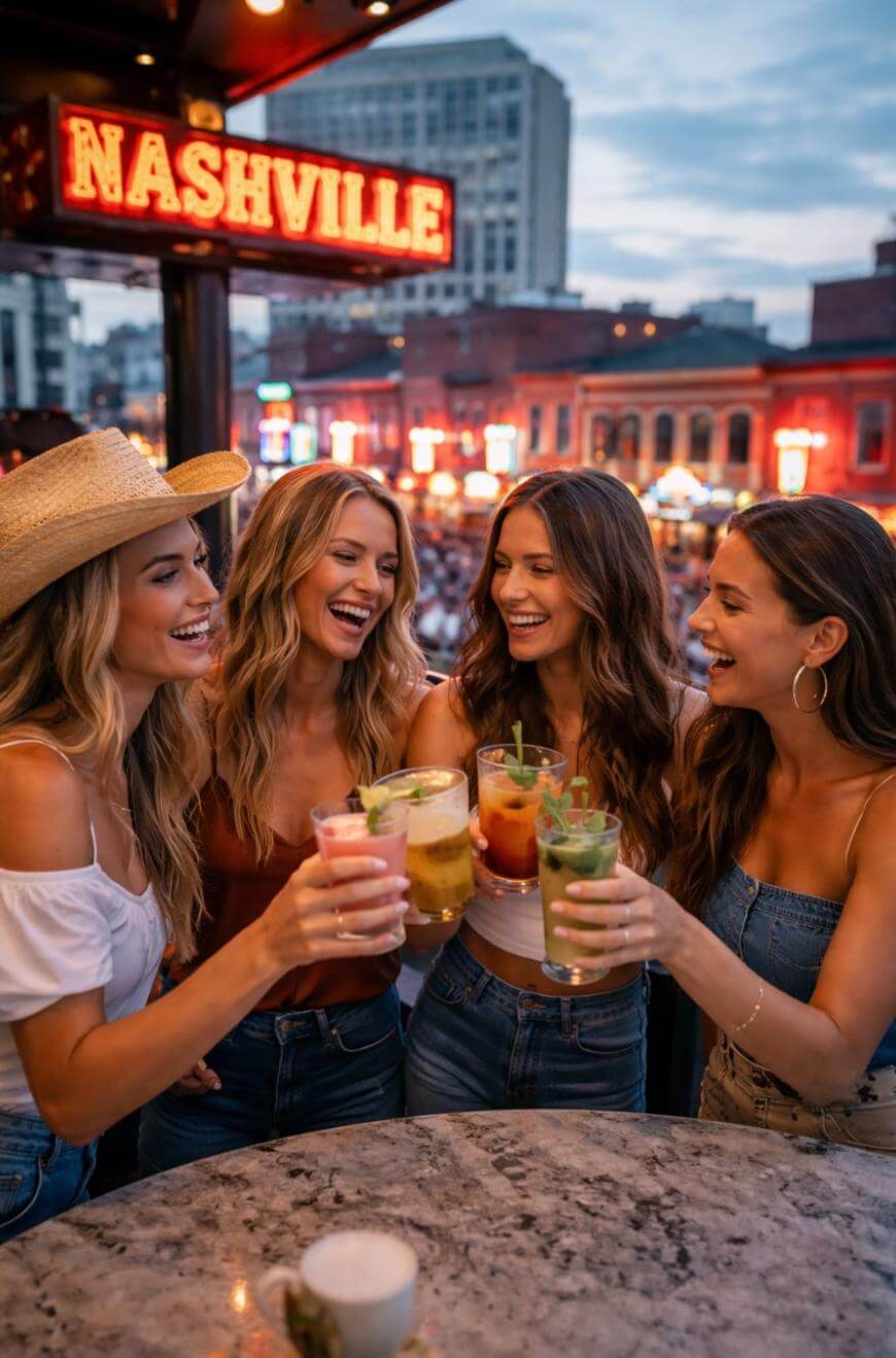 Four women smiling and holding colorful drinks, gathered around a table at an outdoor bar in Nashville at dusk, with city lights and a neon Nashville sign in the background.