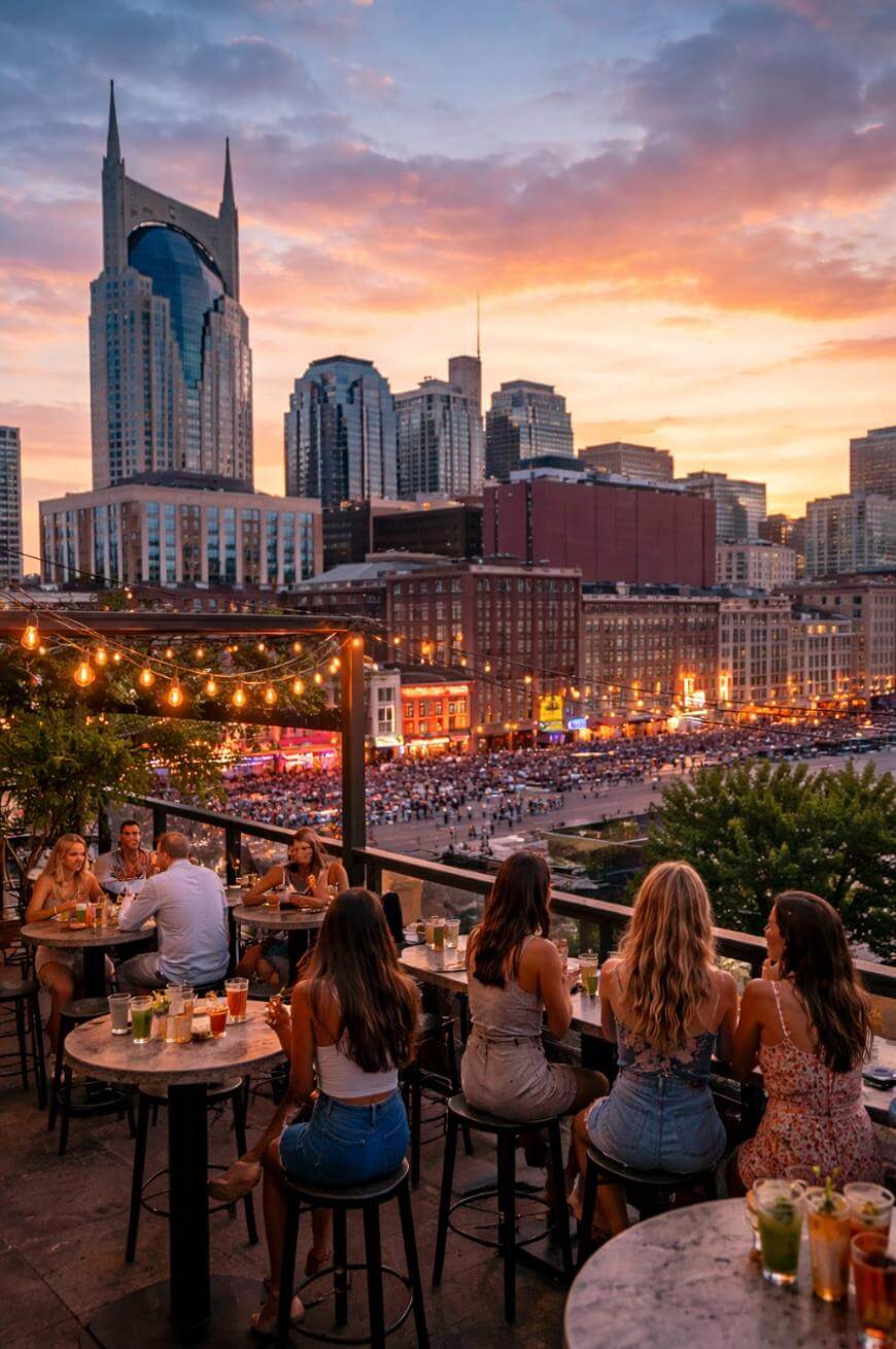 A group of people sit at an outdoor rooftop bar at sunset, overlooking a vibrant city skyline with tall buildings and crowds. String lights hang above, and drinks are on the table in front of them.
