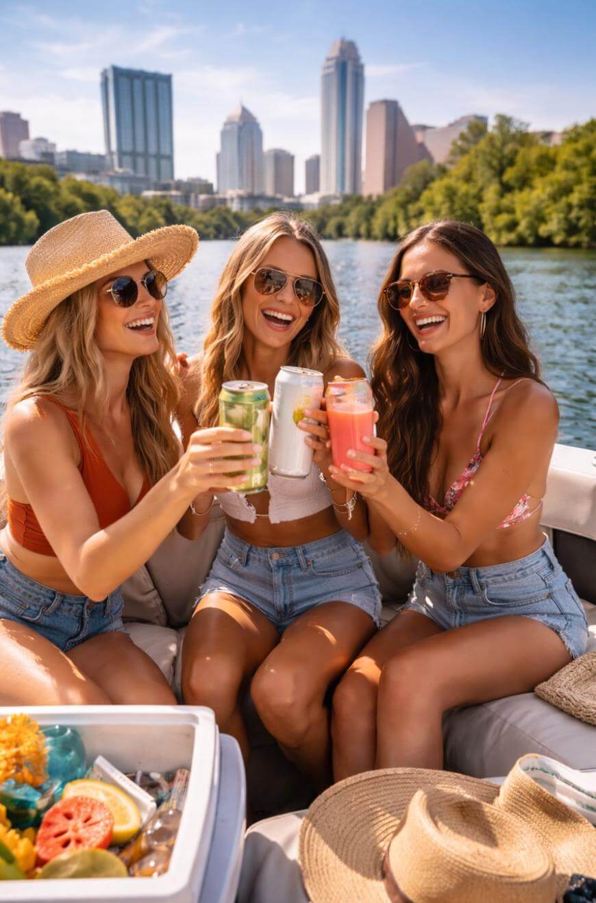 Three women in sunglasses and summer outfits laugh and toast drinks on a boat, with city skyscrapers and trees in the background and a picnic cooler with fruit in the foreground.