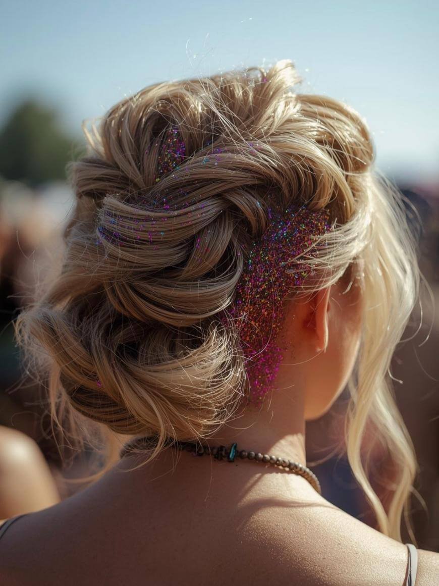 A woman with blonde hair styled in an intricate braided updo, adorned with colorful glitter on one side, stands outdoors in sunlight. She is wearing a necklace, and the background is softly blurred.