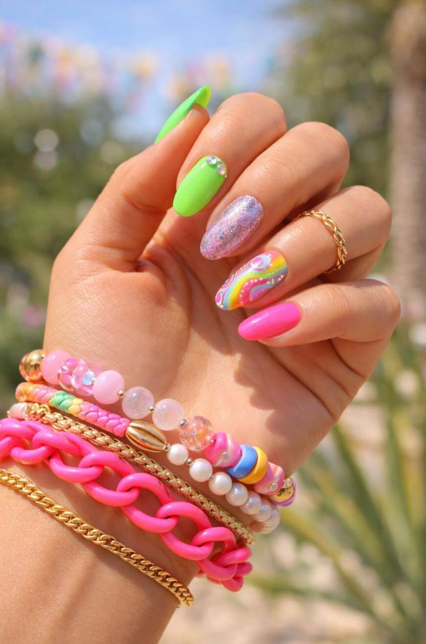 A hand with bright, colorful nail art including neon green, pink, glittery purple, and a paisley design, wearing gold rings and multiple colorful beaded and chain bracelets. Blurred outdoor background.