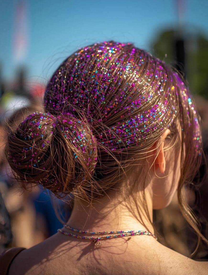 A person with light brown hair styled in a low bun and covered in colorful glitter stands outdoors on a sunny day. The background is blurred, showing hints of people and blue sky.