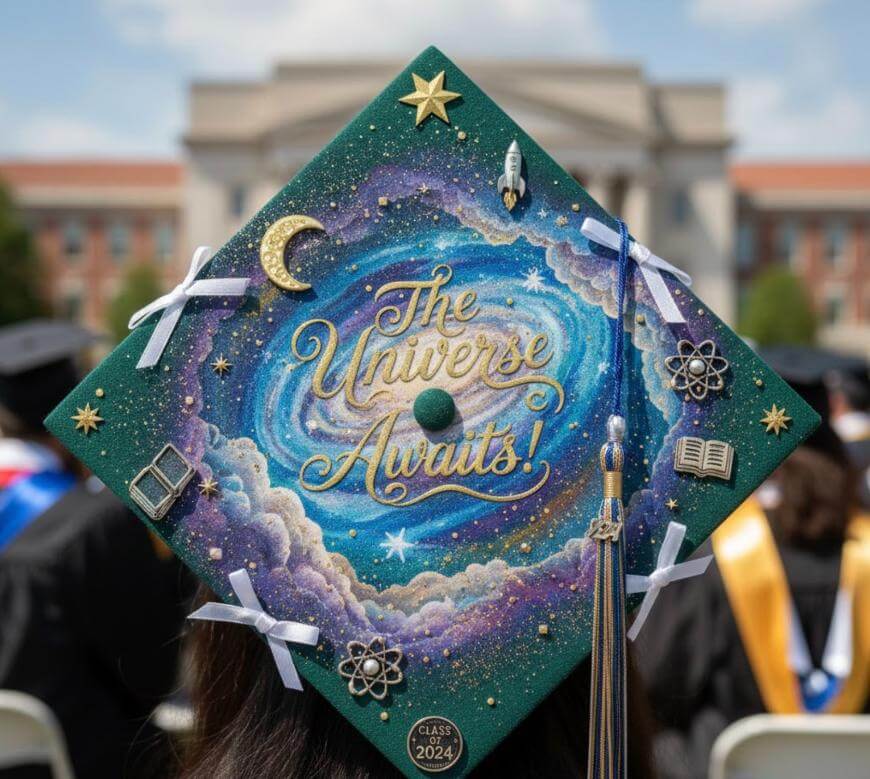 A graduation cap decorated with a galaxy design, stars, a moon, a rocket, and reads “The Universe Awaits!” Ribbons and small charms are attached; the cap also says “Class of 2024.” Other graduates are in the background.
