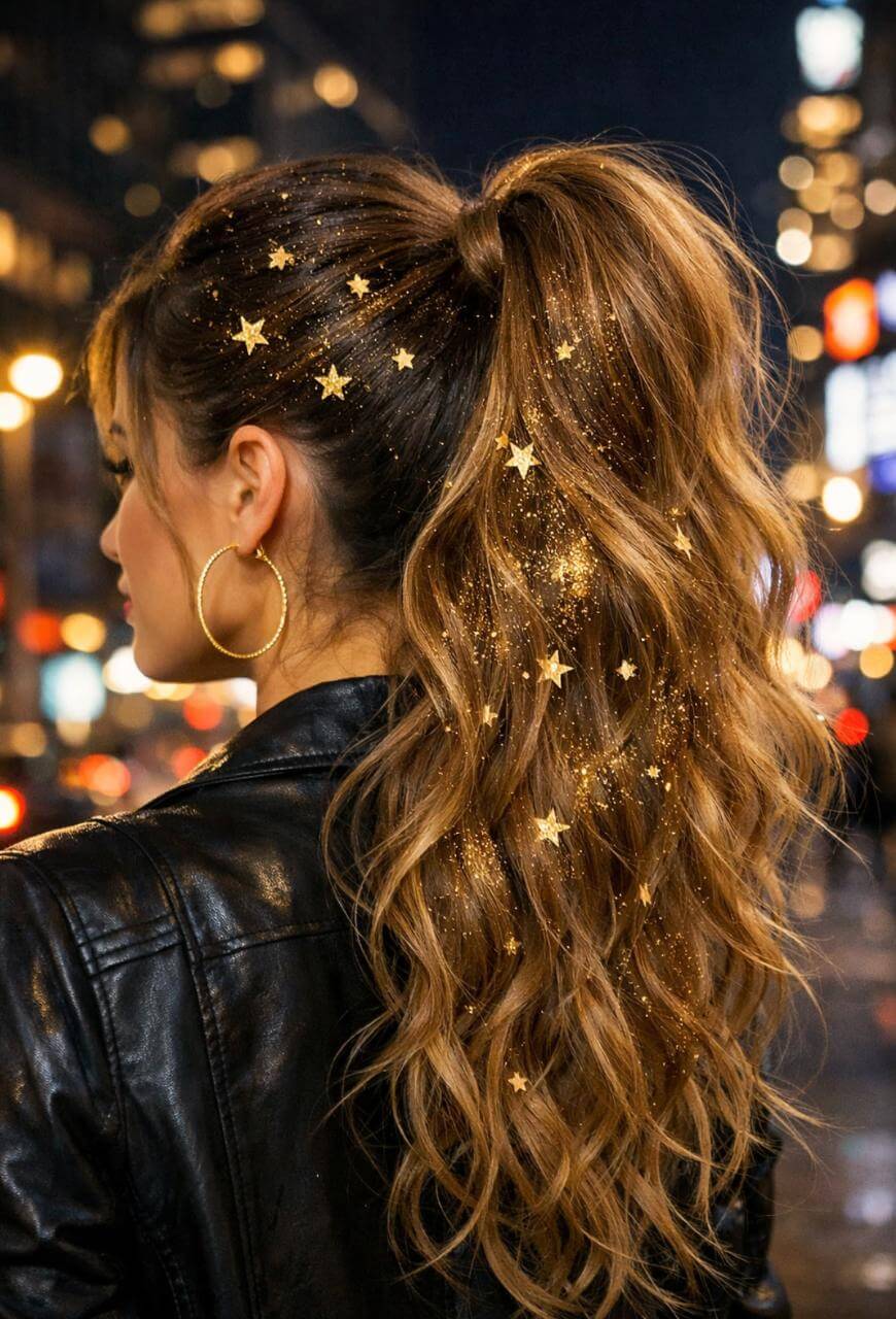 A woman with long, wavy brown hair styled in a high ponytail decorated with gold glitter and star-shaped confetti, wearing large hoop earrings and a black leather jacket, stands on a city street at night.