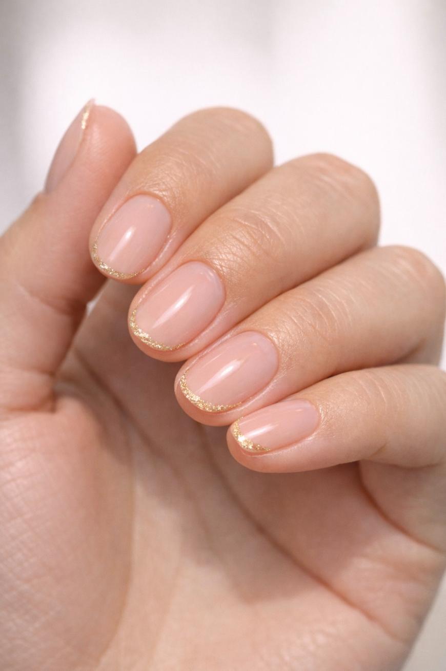 A hand with short, oval-shaped nails painted in a sheer nude polish, featuring delicate gold glitter tips for a minimalist French manicure look.