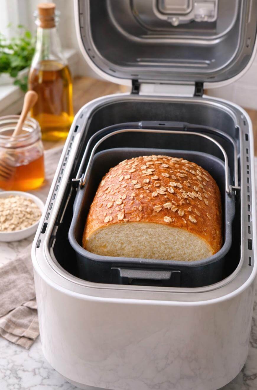 A loaf of oatmeal-topped bread inside a bread machine, with the lid open. Nearby are a jar of honey with a dipper, a small bowl of oats, and a bottle of oil on a marble countertop.