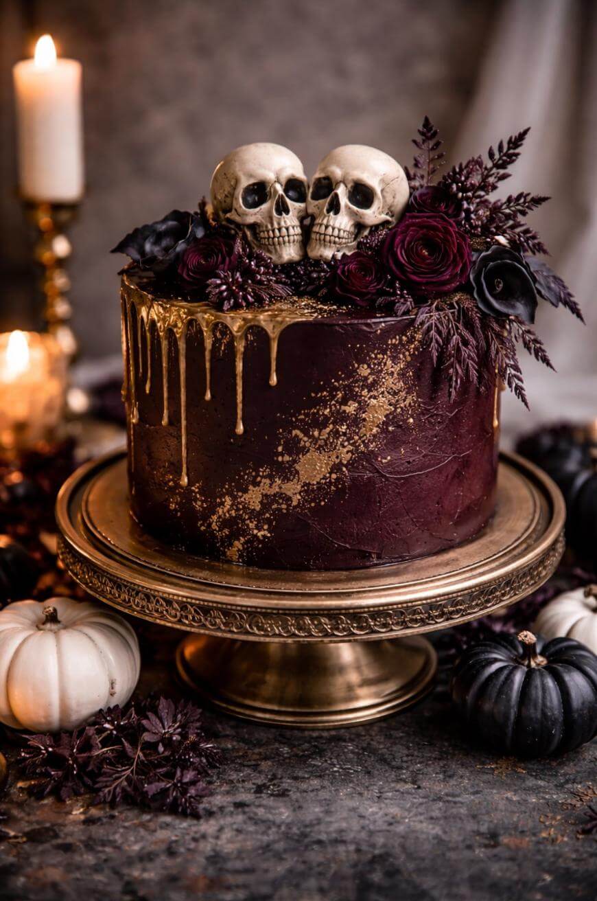 A dark, elegant cake with gold splatters and drip, topped with two skulls, deep red flowers, and dark foliage. The cake sits on a gold stand, surrounded by white and black pumpkins and candlelight.