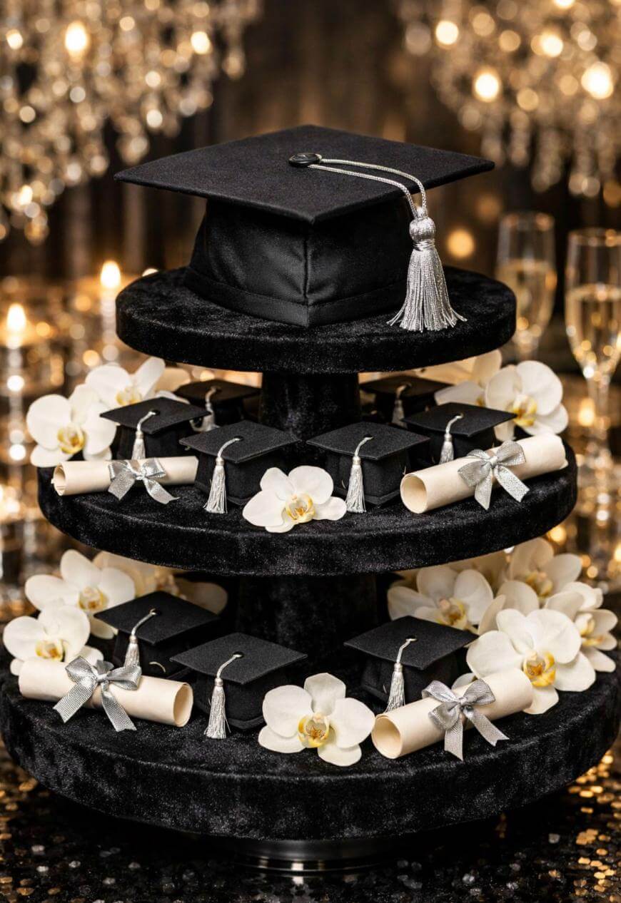 A three-tiered black velvet display holds small graduation cap party favors, rolled diplomas tied with silver ribbons, and white orchids. The background is softly lit with candles and blurred decorative lights.