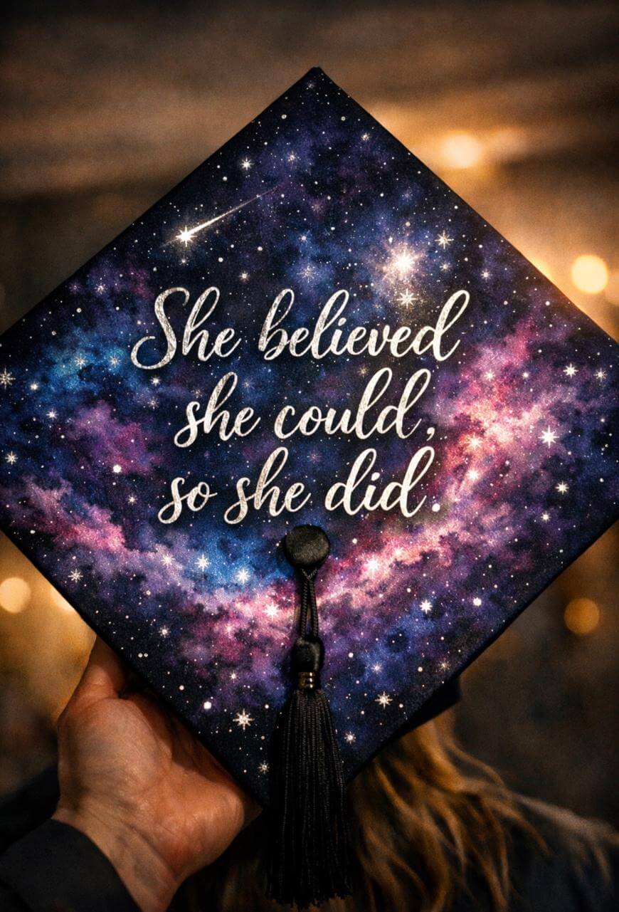 A hand holds a graduation cap decorated with a colorful galaxy design and the words She believed she could, so she did written in elegant white script.