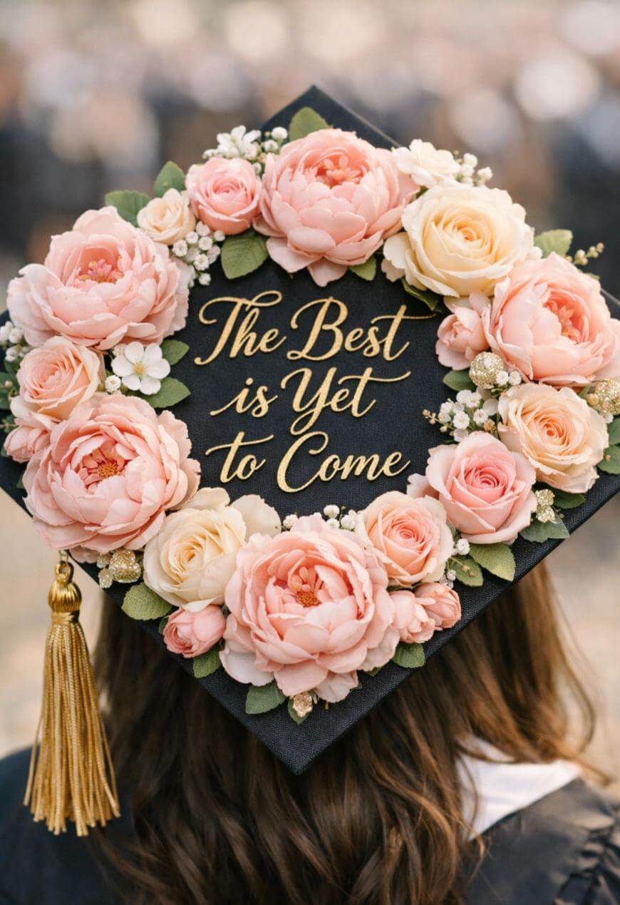 A graduation cap decorated with pink and cream flowers surrounding the gold words “The Best is Yet to Come.” A gold tassel hangs on the side, and the cap is worn by a person in a graduation gown.
