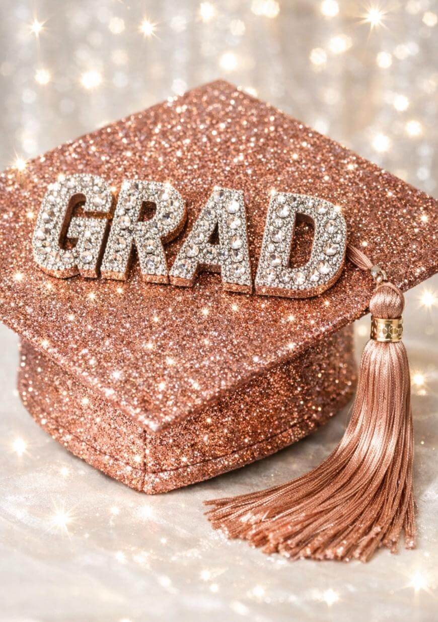 A glittery rose gold graduation cap with a matching tassel, topped with sparkling letters spelling “GRAD,” set against a soft, shimmering background.