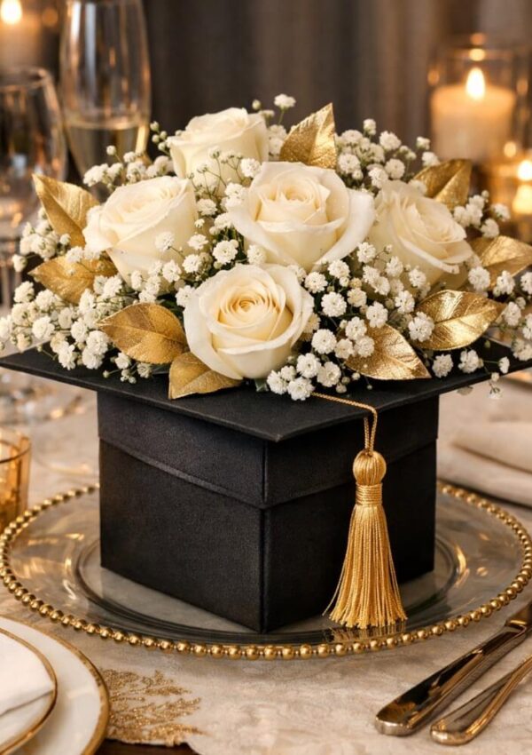 A black graduation cap-shaped box filled with white roses, babys breath, and gold-painted leaves, sits on a set table with candles and elegant dinnerware.