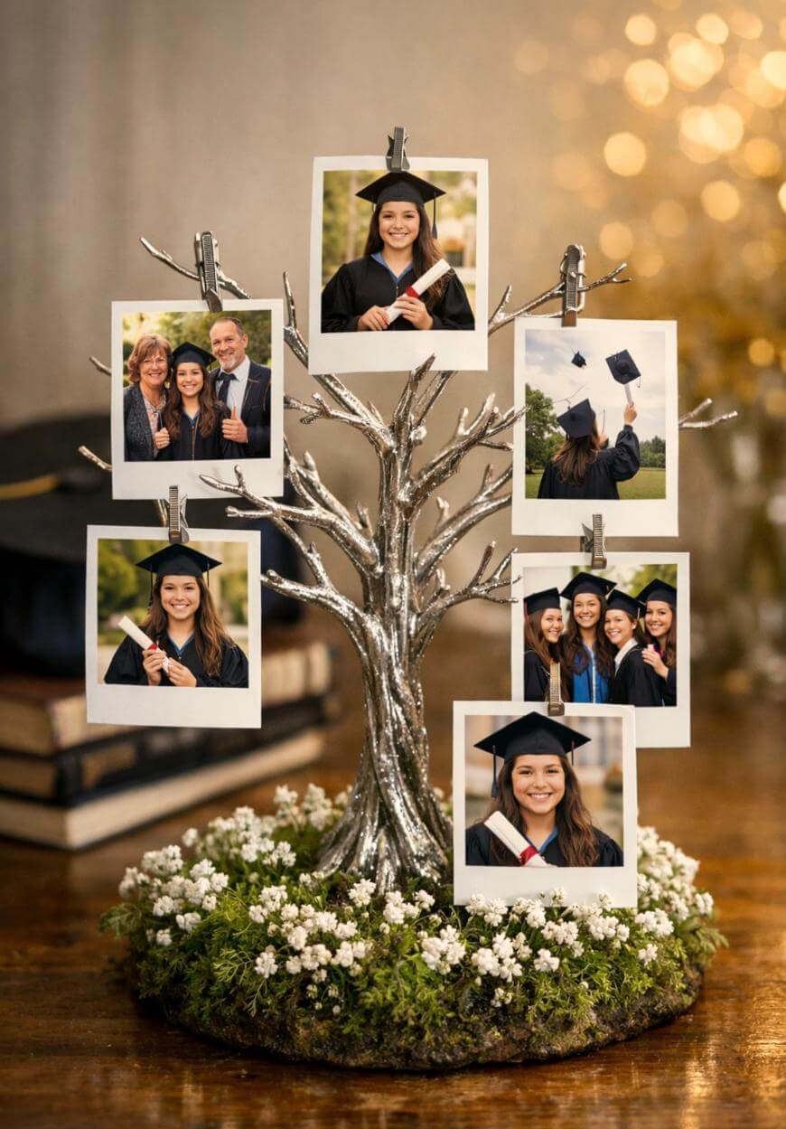 A decorative silver tree holds photos of a young woman in a graduation cap and gown, some with family and friends. The base is covered in green moss and small white flowers, with books blurred in the background.