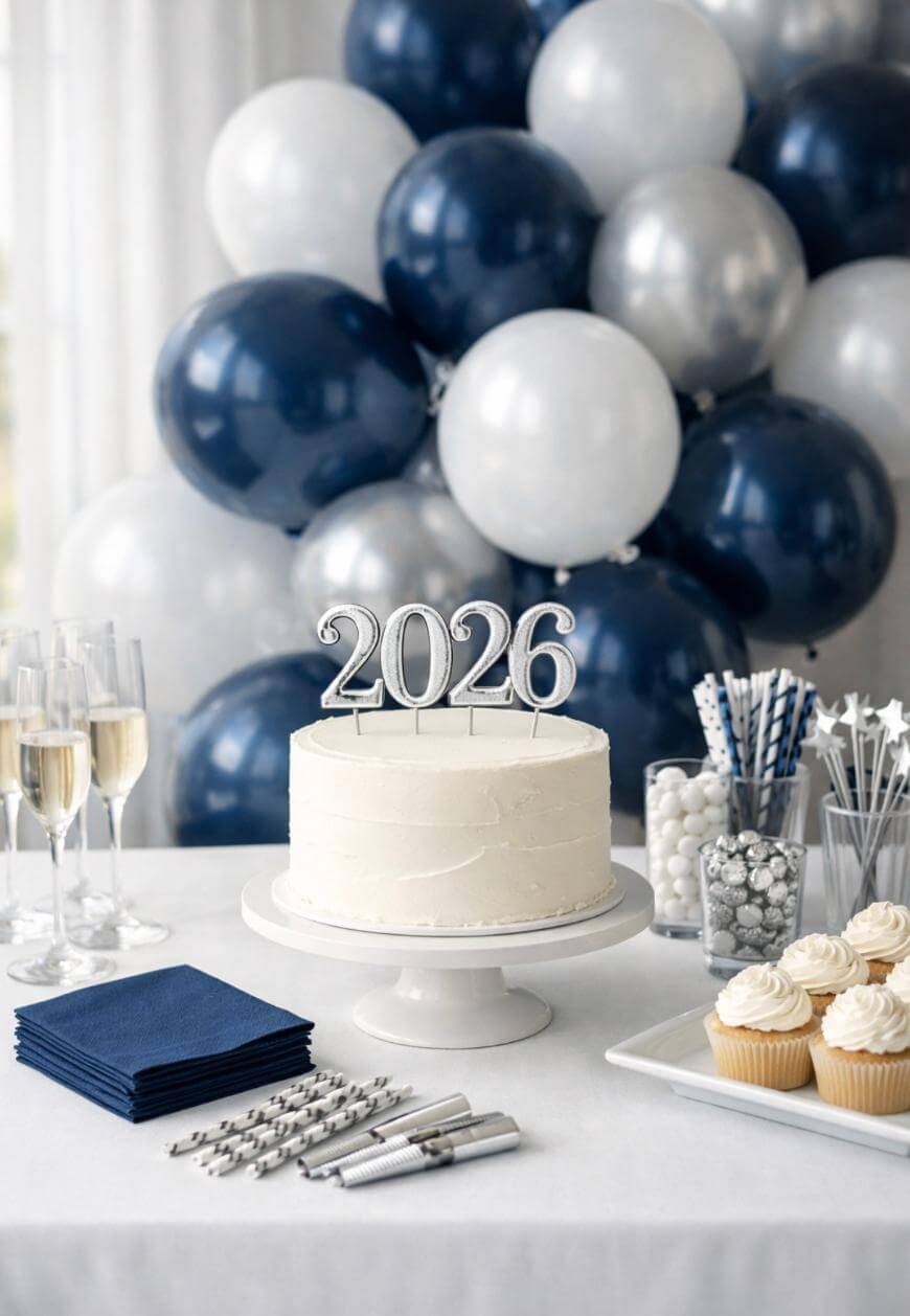 A white frosted cake with “2026” toppers sits on a stand, surrounded by cupcakes, drinks, napkins, and party favors. Blue and white balloons form a festive backdrop on a decorated party table.
