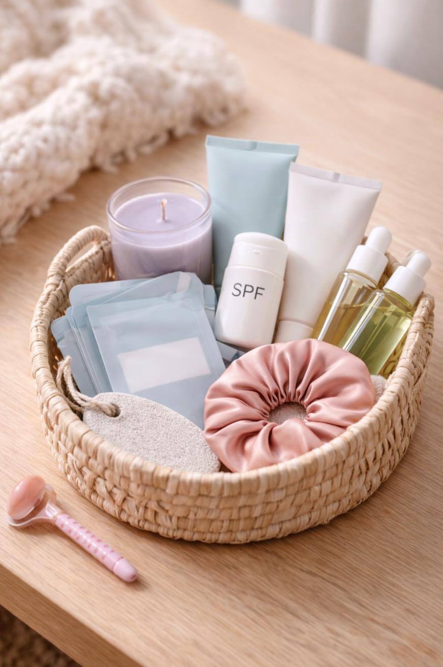 A woven basket on a wooden surface holds skincare items, a sunscreen bottle labeled SPF, a pink scrunchie, a candle, small bottles with droppers, lotion tubes, and a pink facial roller lies beside the basket.