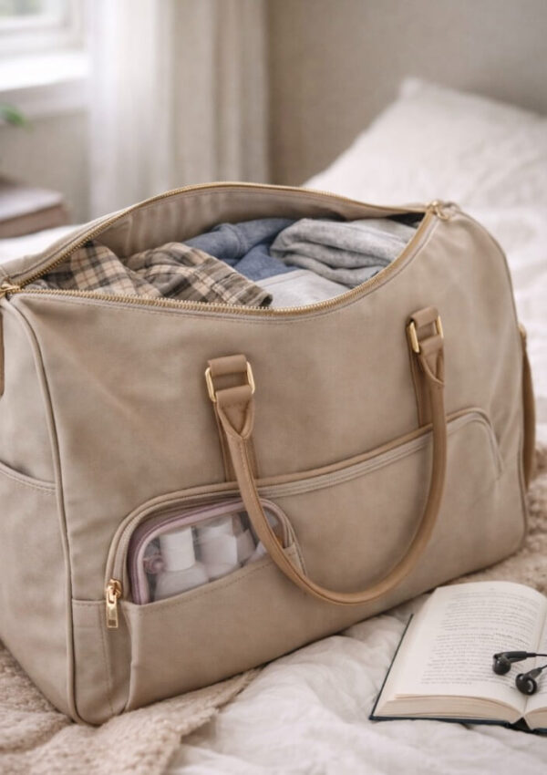 A beige travel bag, partially unzipped to reveal neatly folded clothes inside, sits on a bed. Small toiletries are visible in a side pocket. An open book and a pair of earphones lie beside the bag.