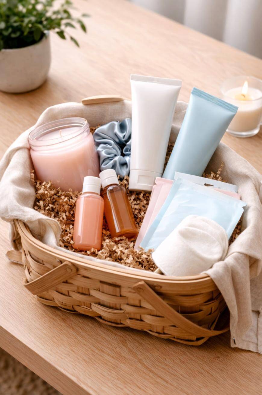 A wicker basket filled with self-care items, including bottles, tubes, pouches, a candle, a scrunchie, and cotton pads, sits on a wooden table. A candle and a plant are in the background.