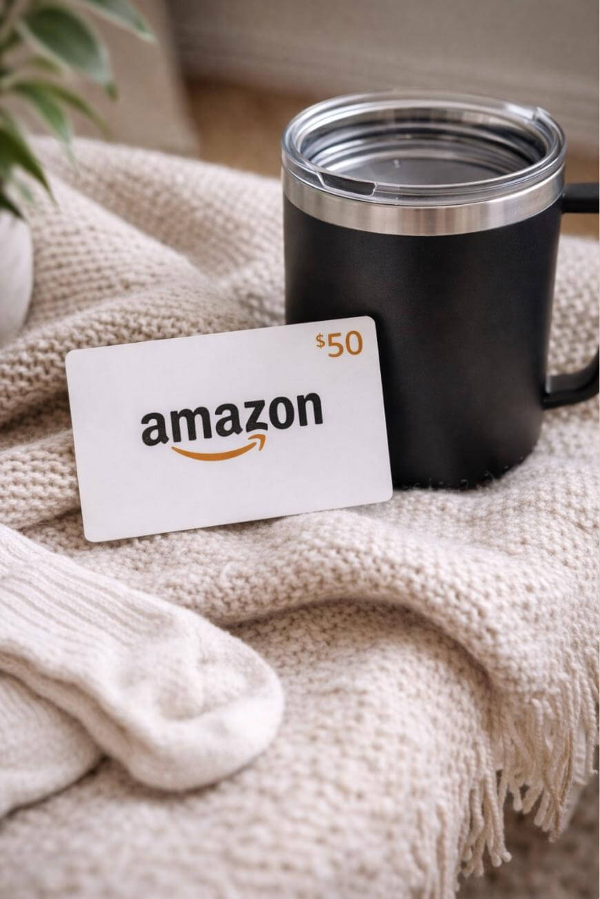 A $50 Amazon gift card rests on a beige knitted blanket next to a black insulated mug and a pair of cream-colored socks.