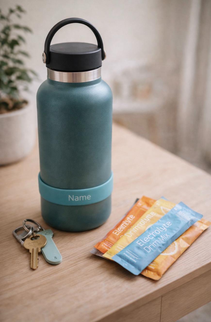 A teal reusable water bottle with a black lid sits on a wooden table next to a set of keys and three colorful electrolyte drink mix packets. A potted plant is blurred in the background.