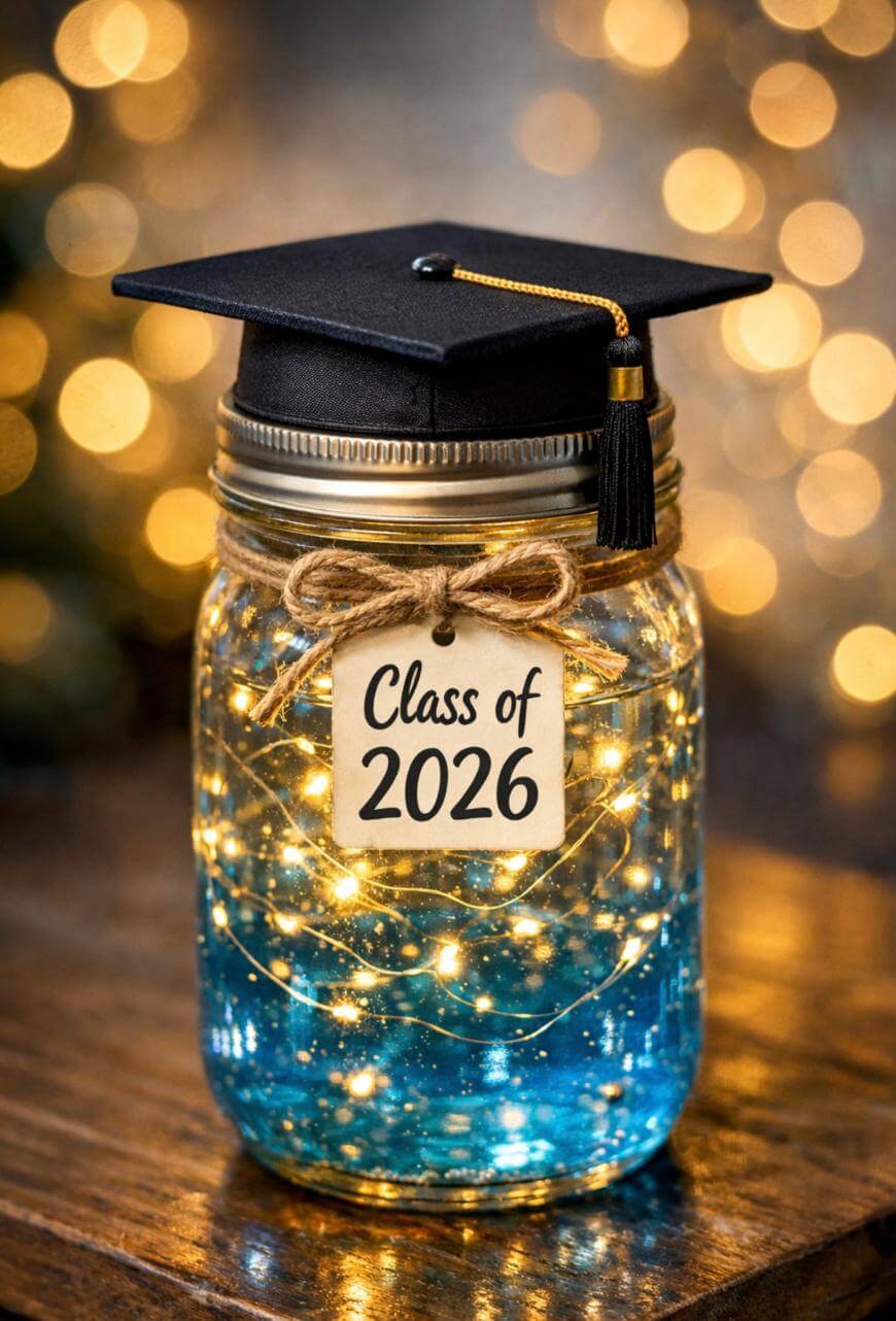 A mason jar filled with blue liquid and glowing fairy lights sits on a table. The jar has a tag reading Class of 2026 and is topped with a black graduation cap. Warm yellow lights blur in the background.