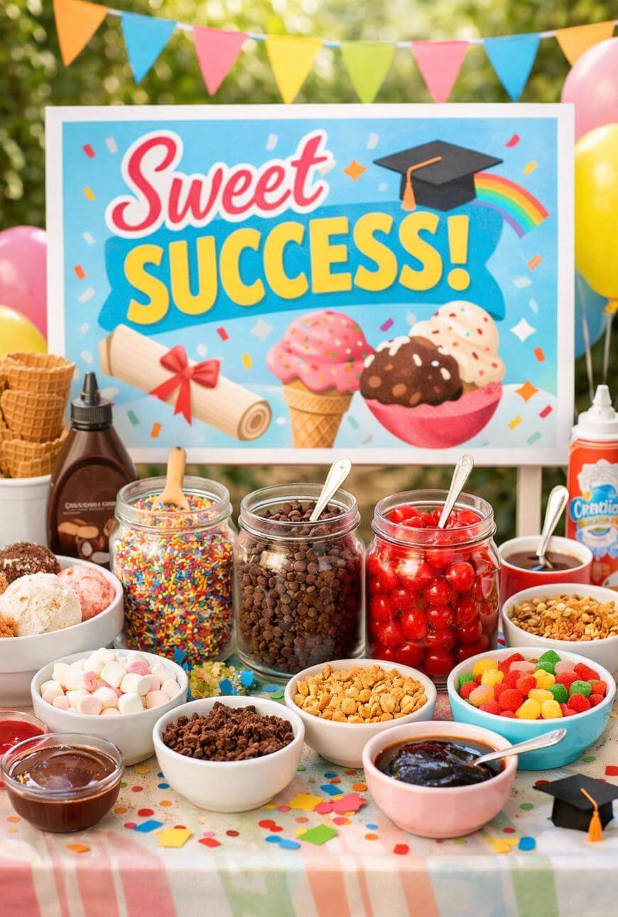 Ice cream sundae bar with various toppings like sprinkles, cherries, chocolate chips, and candy, set up in front of a colorful Sweet Success! sign with ice cream, diploma, and a graduation cap decorations.