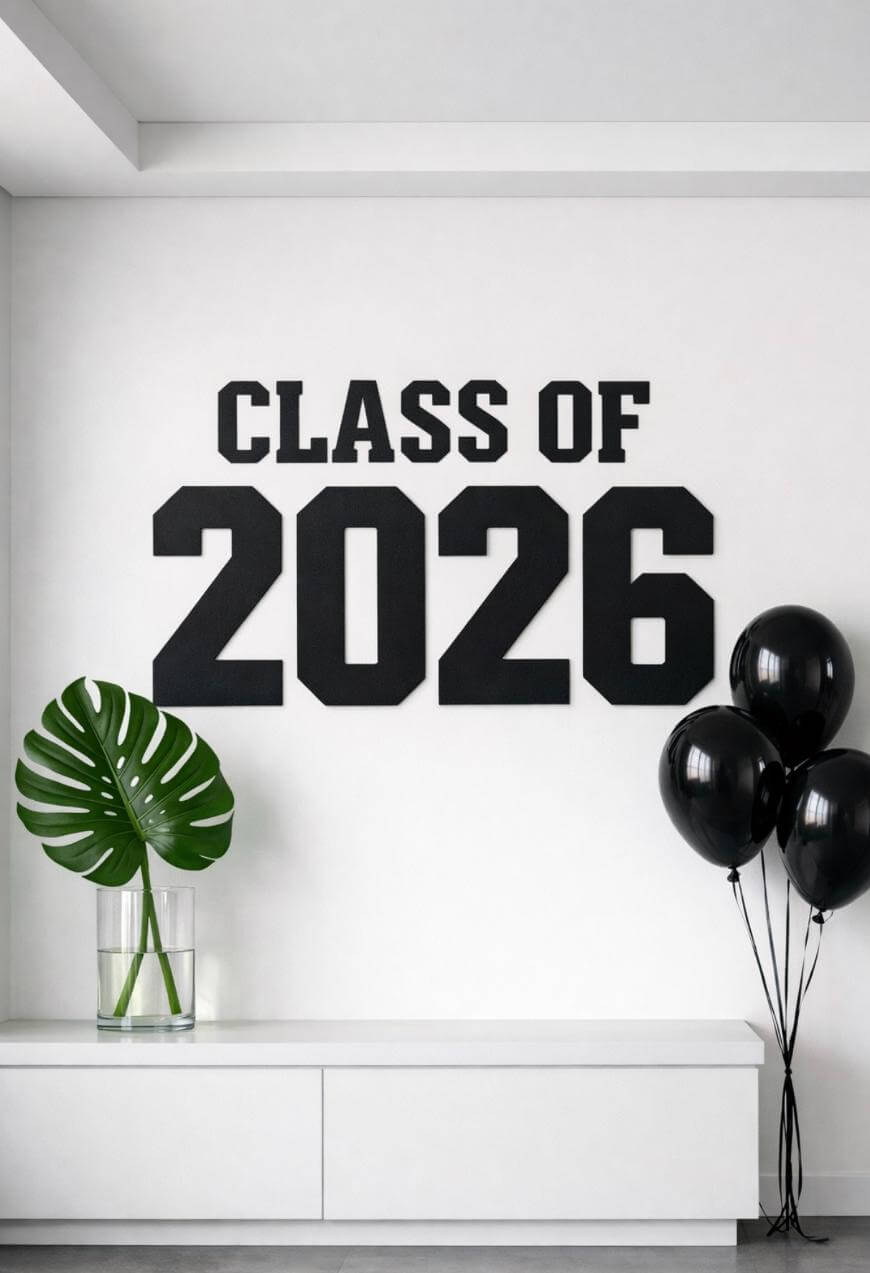 A modern white room features a black “Class of 2026” sign on the wall, a clear vase with a large green leaf on a cabinet, and three black balloons clustered in the corner.