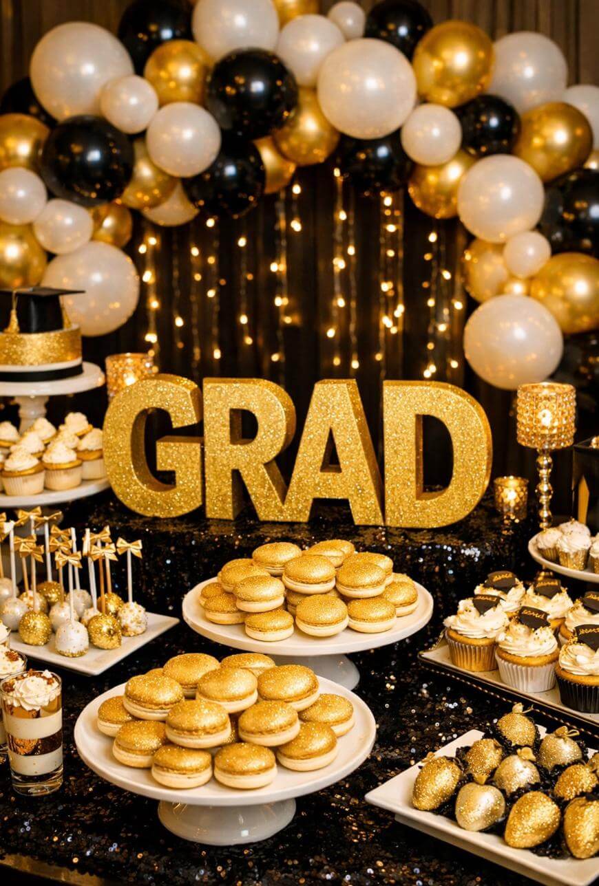 A dessert table decorated for a graduation party with gold, black, and white treats, a large GRAD glitter sign, and a balloon arch. Cupcakes, cake pops, and cookies are arranged on white stands.