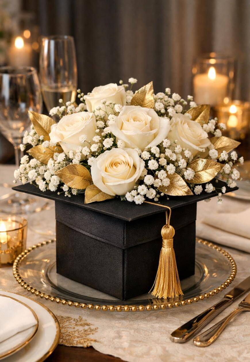 A floral arrangement of white roses, gold-painted leaves, and babys breath sits in a black, graduation cap-shaped box with a gold tassel, displayed as a centerpiece on an elegant candlelit table.