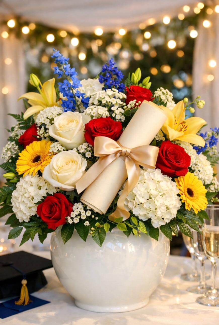 A white vase holds a colorful bouquet of red, white, and yellow flowers, with a rolled diploma tied with a gold ribbon in the center. Graduation caps and champagne glasses are on the table, with string lights in the background.